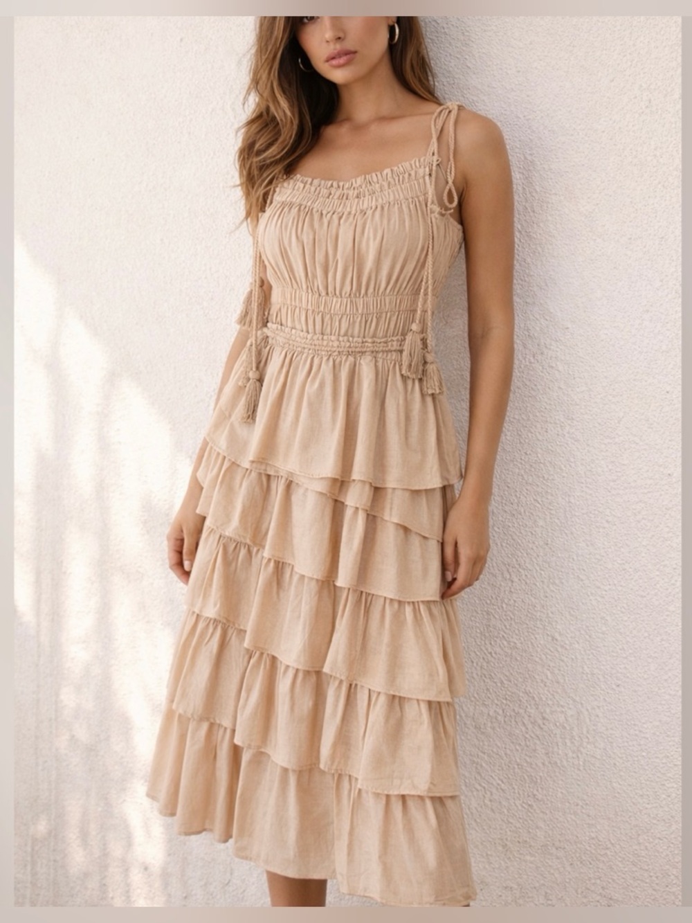 Milla Greece Boho Romantic Cottagecore Tiered Ruffle Tassel Beige midi Dress S